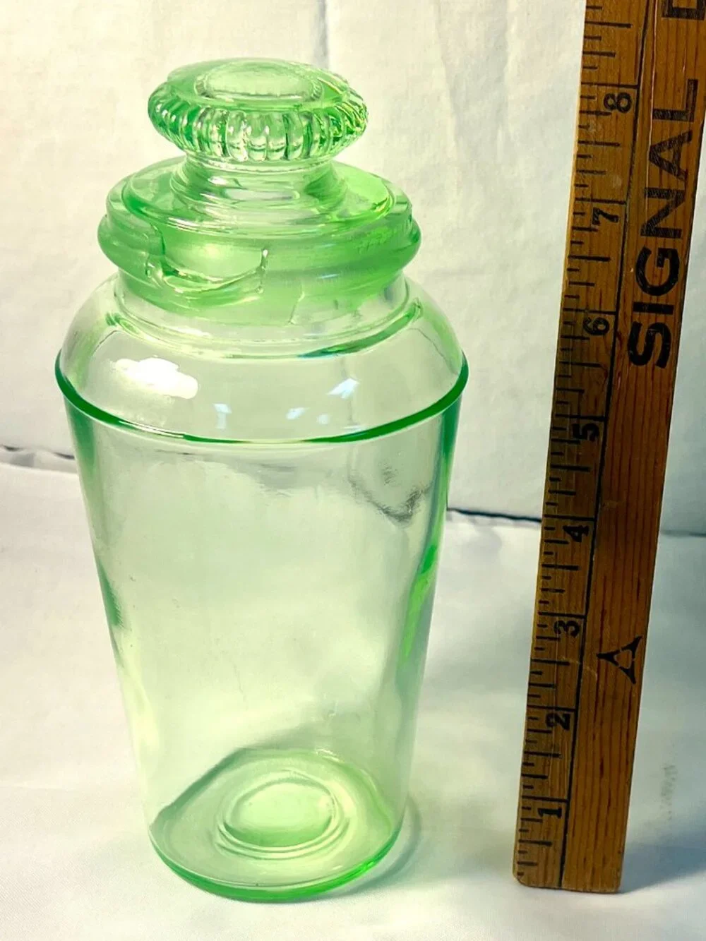Vintage Uranium Glass Apothecary Jar with Ribbed Stopper Lid - B4